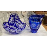 A Victorian style Bristol blue glass jug, height 21 cm; a matching basket