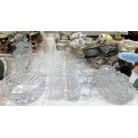 A selection of drinking glasses; glassware; 3 decanters; silver plated cutlery; etc.