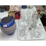 A 1930's blue barrel shaped vase; a pair of crystal goblets, cased; other crystal