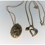 An oval locket and chain, both stamped '375'; a heard pendant stamped '9ct'; a flattened chain