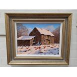 Edward Hersey: Winter scene with hens in the snow beside a stone barn, oil on canvas, signed, 28 x