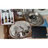 A selection of silver plate: 4 gallery trays; a 3 piece tea set; 3 boxed sets of cutlery; etc.
