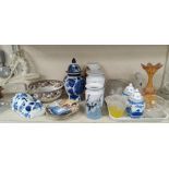 Two Porsgrund blue & white vases; a Spode woodland bowl; decorative china and glassware