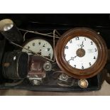 A postman's alarm clock with pendulum and weights; a Smiths electric wall clock etc