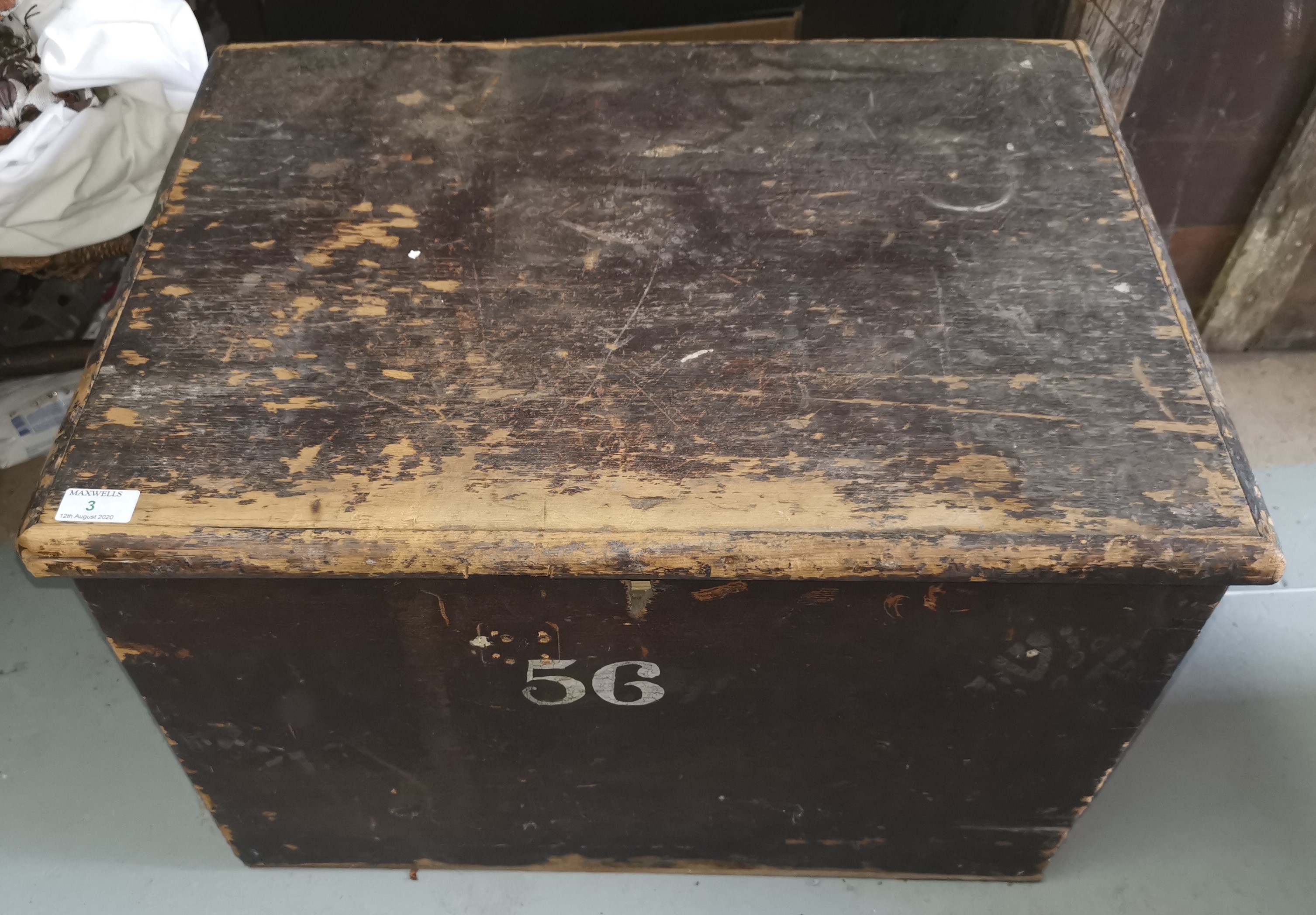 A vintage painted pine tool box containing various vintage tools etc