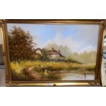 Les Parsons: River landscape with children fishing, cottage in background, oil on canvas, signed, 50