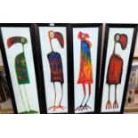 A modern set of 4 oils depicting cartoon birds, signed, 100 x 24 cm, framed