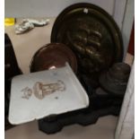 A Victorian set of cast iron scales with weights; a copper warming pan; a brass plaque