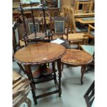 A reproduction corner whatnot; an oak occasional table with oval scalloped top, on barley twist