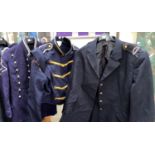 Two military dress jackets and an American high school jacket; 2 military style caps
