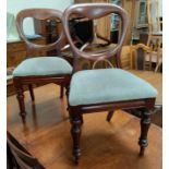 A Victorian set of 6 balloon back dining chairs on turned legs, in smoky blue; a pair of similar