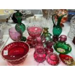 A collection of Victorian and later cranberry glassware; other glassware