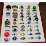 Fifty white metal/plated decorative dress rings set coloured stones, mostly stamped '925'