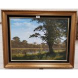 Edward Hersey: River landscape with stone church tower in the background, oil on canvas, signed,