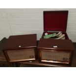 A 1950's table top record player by HMV, in mahogany case, and matching speaker