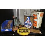 2 old oil cans, metal signs etc