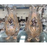 A pair of Victorian glass ribbed baluster vases with gilded etched decoration hand painted with