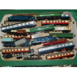 A collection of Hornby 00 gauge trains; garages; etc., some tinplate
