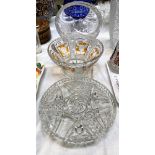 A dual coloured bowl with burnt orange panels; a similar cut glass basket and cake stand