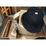 A bowler hat; a child's silk hat; a wooden 3-piece tenor recorder by Scholtz; etc.