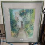 S Mitchell: The Orangery, Lyme Hall, watercolour, signed, framed and glazed; 2 wrought iron standard