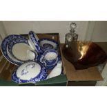 A selection of blue & white willow pattern china; a decanter; a fruit bowl