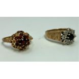 A 9 carat hallmarked gold dress ring set garnet cluster; a 9 carat hallmarked gold dress ring set