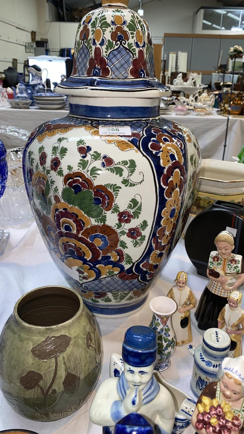 A large modern hexagonal Delft covered vase decorated in The Imari manner; Delft chargers and 2 - Image 2 of 2