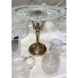 An Art Nouveau style cake stand in brass and glass, height 30 cm; a small selection of cut glass