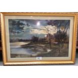 B Sullivan: Moonlit river landscape, oil on board, signed, 27 x 42 cm, framed and glazed; T E