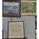 A print of the Queen Victoria Jubilee Exhibition, framed ad glazed; 2 Lowry prints, framed and