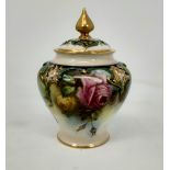 A Hadley's Worcester potpourri of tapering form with pierced lid, hand painted with roses, height 14