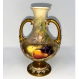 A Royal Worcester baluster pedestal vase with 2 handles, hand painted with fruit, signed Ricketts,
