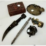 An oriental white metal cased knife and other oriental items