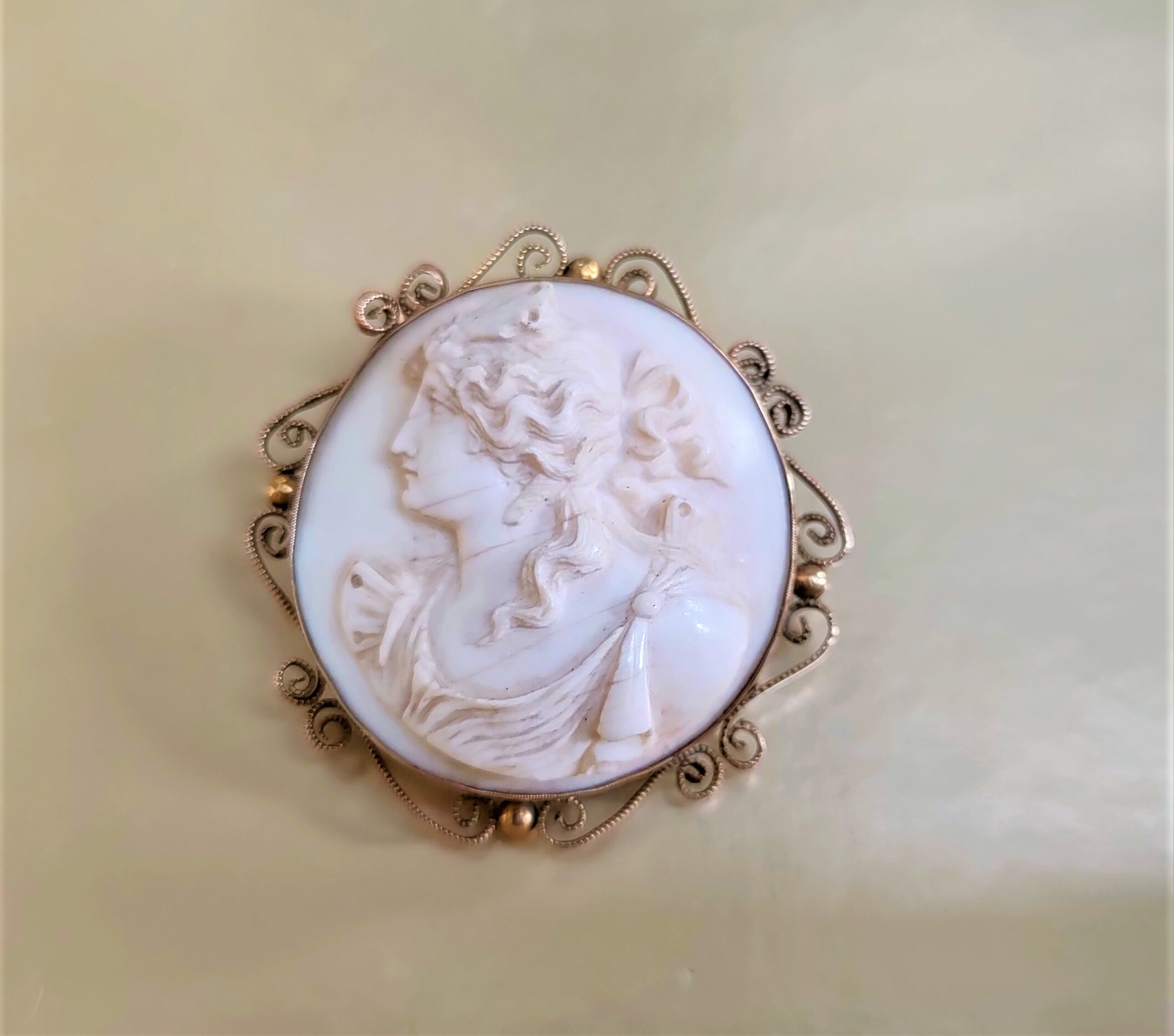 A Victorian ivory circular brooch carved in relief with female bust profile, in yellow metal