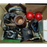 A leather fitted jewellery case; a Pentax SLR camera; 3 pairs of binoculars; bric-a-brac