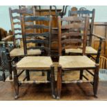 A near matching set of 8 (6+2) 19th Century countrymade elm ladder back dining chairs