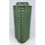 A 19th century square ribbed vase in the Sung manner, celadon glaze, height 26cm