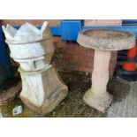 A chimneypot with crown top; a stone effect bird table