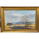 A MacDonald, Moorland landscape with figures in front of stone cottage, oil on canvas, signed