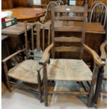 A 19th century country made armchair with raffia seat; a similar chair