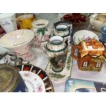 Two Maling lustre vases; 2 Jasperware biscuit barrels; cottage ware; a Royal Crown Derby Japan