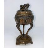 A Chinese bronze covered censer with Dog of Fo finial, 3 tall cabriole legs, on circular base,