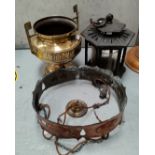 A copper Arts and Crafts ceiling light; a cast metal hall light and a brass Arts and Crafts 2