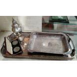A silver sugar dredger on square pedestal base, London 1906, 5.5 oz; a silver plated tray and