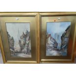 C J Keats: 19th century continental city streets, pair of watercolours, signed, 49 x 30, framed