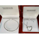 HOT DIAMONDS: a silver bangle set 2 diamonds and a heart shaped pendant set 3 diamonds, with neck