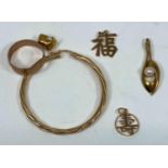 two Chinese pendants stamped 15K, 585, 1.3g,; a dental cap and 3 x 9 carat gold items, 5.4gm gross