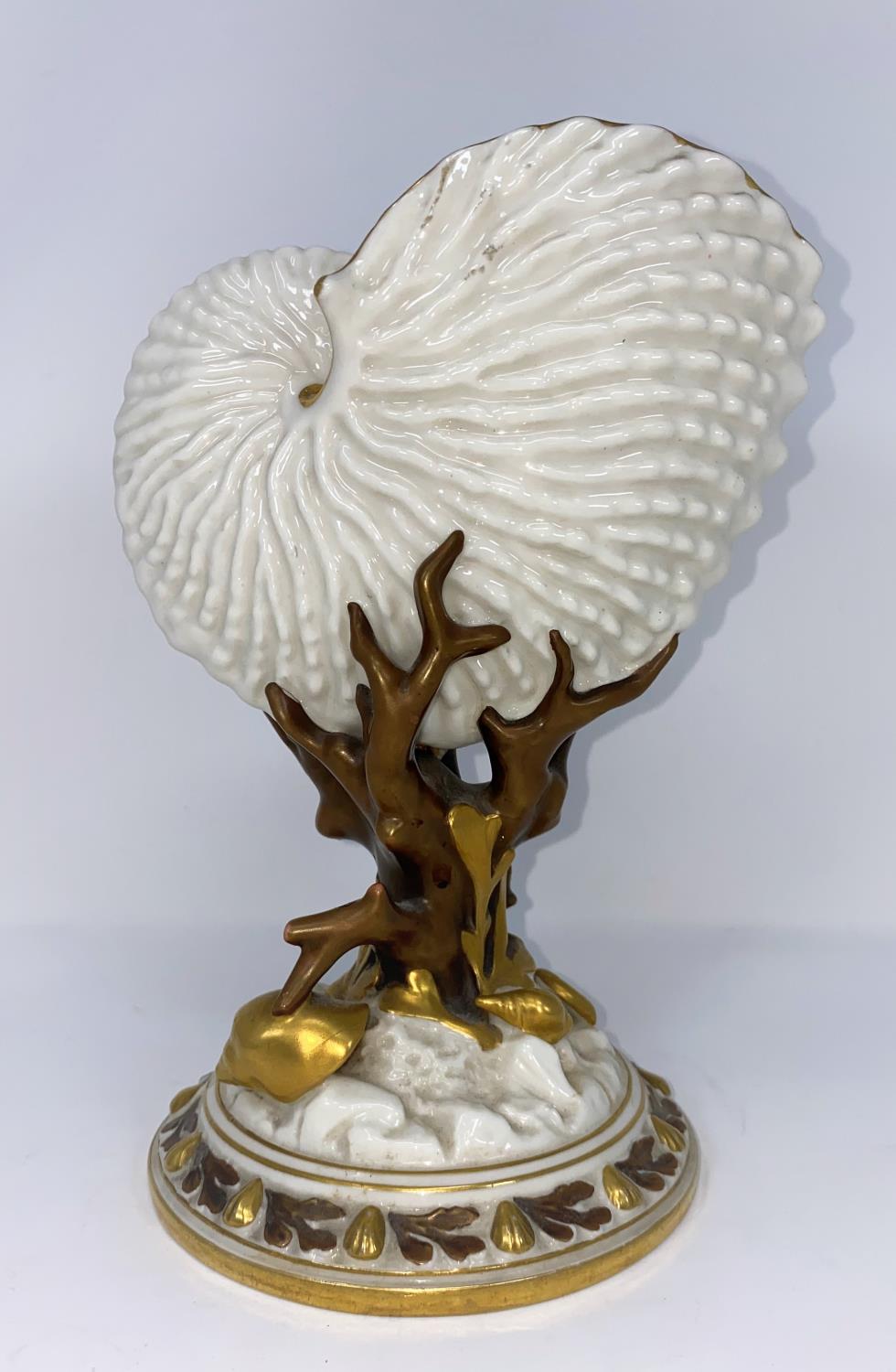 A Royal Worcester nautilus shell vase in gilded naturalistic colour, on circular base, height 22 - Image 2 of 6