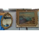 J.J.Parkes, continental scene, oil on canvas signed and framed; a framed map and 3 mirrors